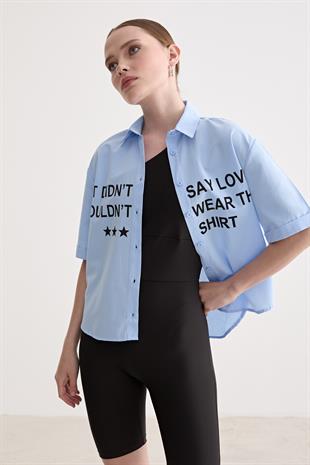 Baskı Detaylı Oversize Gömlek MAVİ