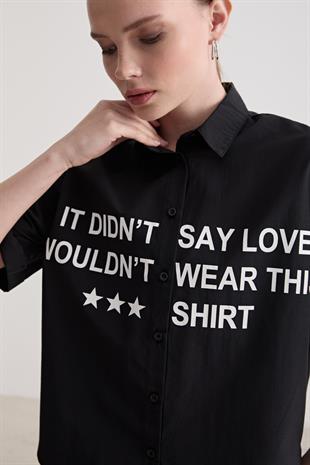 Baskı Detaylı Oversize Gömlek SİYAH