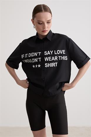 Baskı Detaylı Oversize Gömlek SİYAH