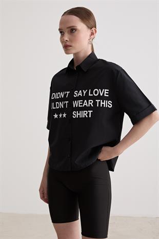 Baskı Detaylı Oversize Gömlek SİYAH