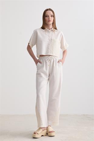 Bel Lastik Detaylı Geniş Paça Dantelli Keten Pantolon TAŞ