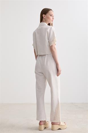Bel Lastik Detaylı Geniş Paça Dantelli Keten Pantolon TAŞ