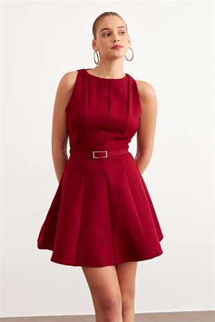 Beli Kemerli Kısa Elbise BORDO