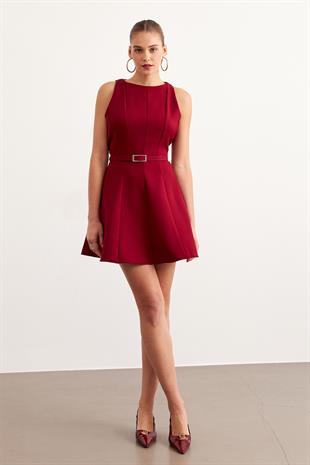 Beli Kemerli Kısa Elbise BORDO