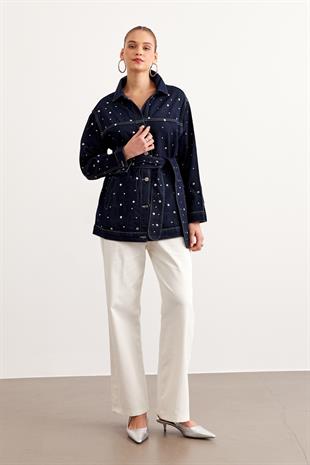 Beli Kuşak Detaylı Drop Çakımlı Kot Ceket RİNS YIKAMA