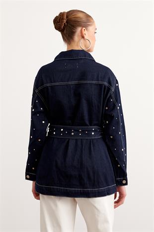 Beli Kuşak Detaylı Drop Çakımlı Kot Ceket RİNS YIKAMA