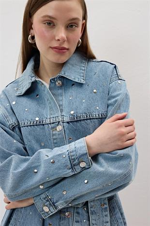 Beli Kuşak Detaylı Drop Çakımlı Kot Ceket KAR YIKAMA