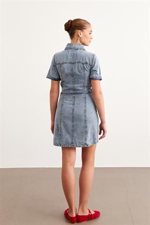 Beli Kuşaklı Cep Detaylı Kot Elbise KAR YIKAMA