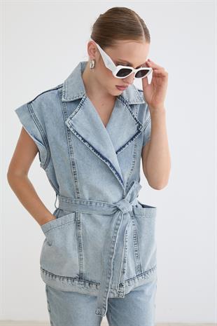 Beli Kuşaklı Cep Detaylı Yelek KAR YIKAMA