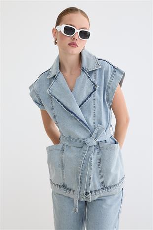 Beli Kuşaklı Cep Detaylı Yelek KAR YIKAMA