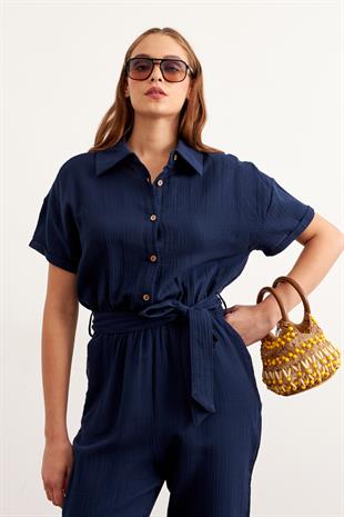 Beli Kuşaklı Düğme Detaylı Uzun Tulum LACİVERT