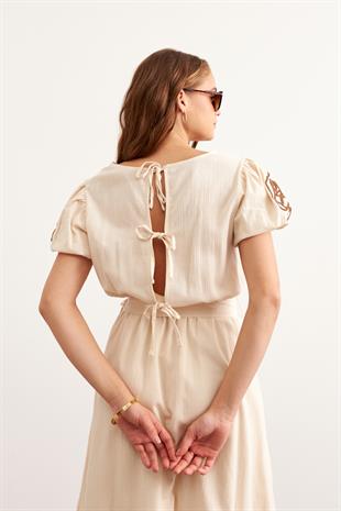 Beli Kuşaklı Kol Nakış Detaylı Elbise TAŞ