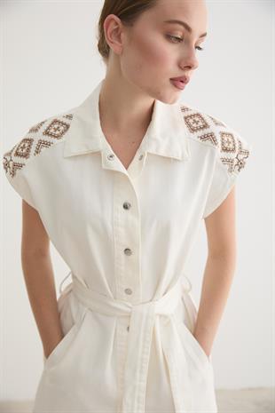 Beli Kuşaklı Önü Çıt Çıtlı Gabardin Yelek BEYAZ