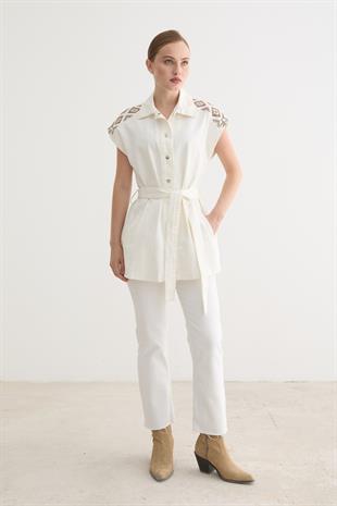 Beli Kuşaklı Önü Çıt Çıtlı Gabardin Yelek BEYAZ