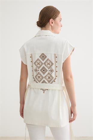 Beli Kuşaklı Önü Çıt Çıtlı Gabardin Yelek BEYAZ