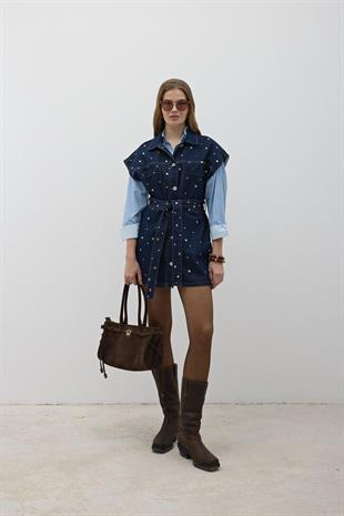 Beli Kuşaklı Önü Düğmeli Kot Yelek RİNS YIKAMA