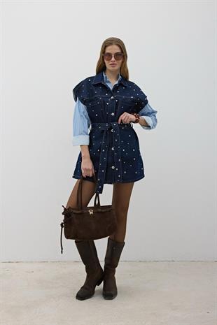 Beli Kuşaklı Önü Düğmeli Kot Yelek RİNS YIKAMA