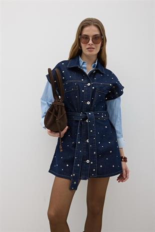 Beli Kuşaklı Önü Düğmeli Kot Yelek RİNS YIKAMA