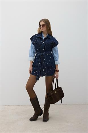 Beli Kuşaklı Önü Düğmeli Kot Yelek RİNS YIKAMA