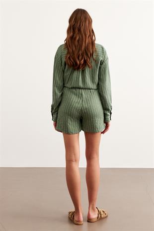 Beli Lastikli Çizgili Kısa Şort ÇAĞLA YEŞİLİ