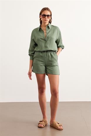 Beli Lastikli Çizgili Kısa Şort ÇAĞLA YEŞİLİ