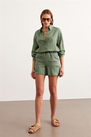 Beli Lastikli Çizgili Kısa Şort ÇAĞLA YEŞİLİ