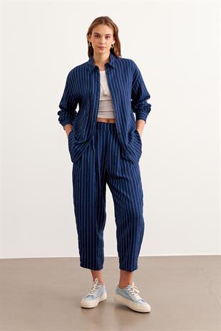 Beli Lastikli Çizgili Uzun Pantolon LACİVERT