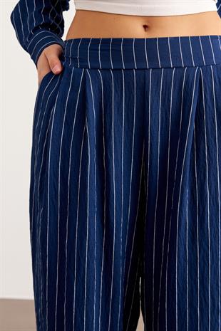 Beli Lastikli Çizgili Uzun Pantolon LACİVERT