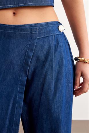 Beli Lastikli Düğmeli Kot Pantolon RİNS YIKAMA