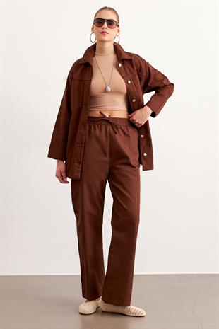 Beli Lastikli Gabardin Pantolon KAHVE