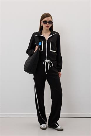 Beli Lastikli Garni Biye Detaylı Pantolon SİYAH