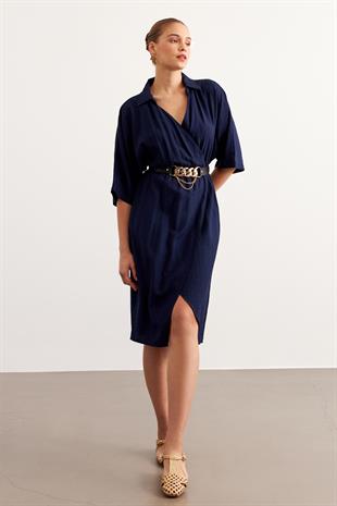 Beli Lastikli Kemerli Elbise LACİVERT