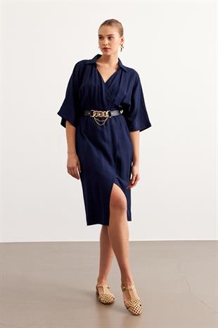 Beli Lastikli Kemerli Elbise LACİVERT