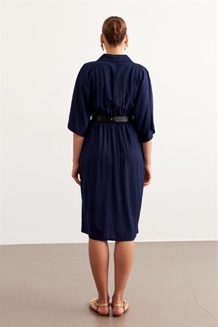 Beli Lastikli Kemerli Elbise LACİVERT