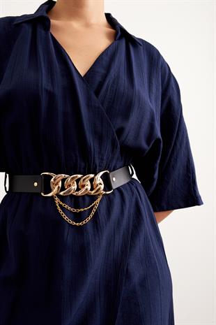 Beli Lastikli Kemerli Elbise LACİVERT