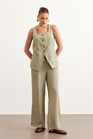 Beli Lastikli Keten Pantolon HAKİ
