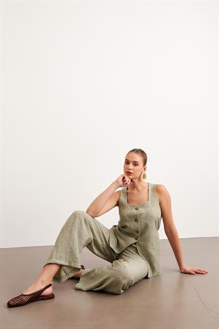 Beli Lastikli Keten Pantolon HAKİ