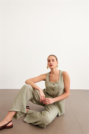 Beli Lastikli Keten Pantolon HAKİ