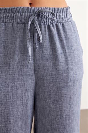 Beli Lastikli Keten Pantolon İNDİGO