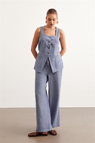 Beli Lastikli Keten Pantolon İNDİGO