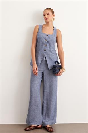 Beli Lastikli Keten Pantolon İNDİGO