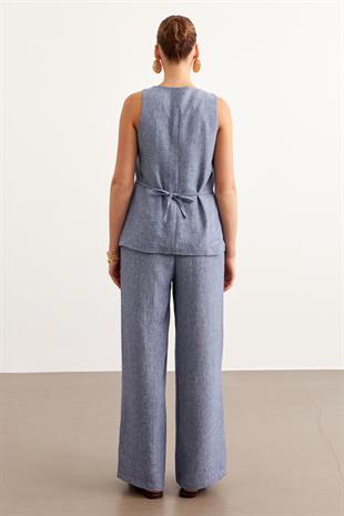 Beli Lastikli Keten Pantolon İNDİGO