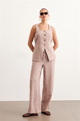 Beli Lastikli Keten Pantolon KAHVE