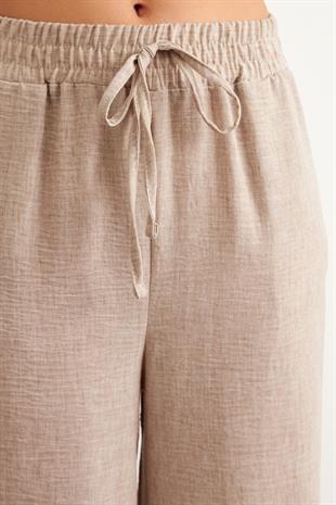 Beli Lastikli Keten Pantolon VİZON