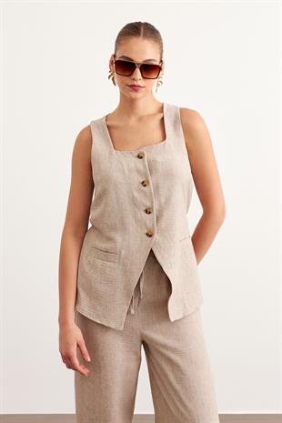 Beli Lastikli Keten Pantolon VİZON
