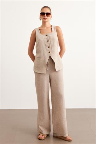 Beli Lastikli Keten Pantolon VİZON