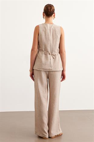 Beli Lastikli Keten Pantolon VİZON
