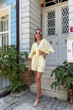 Beli Lastikli Müslin Çizgili Şort SARI