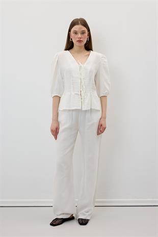 Beli Lastikli Müslin Pantolon EKRU