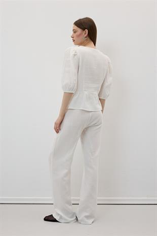 Beli Lastikli Müslin Pantolon EKRU